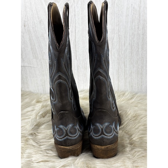 Roper Riley Western Cowboy Boots Brown Blue Embroidery Snip Toe 10 NWOT - Picture 4 of 8